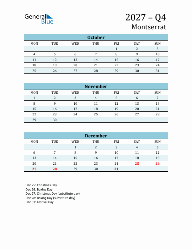 Three-Month Planner for Q4 2027 with Holidays - Montserrat