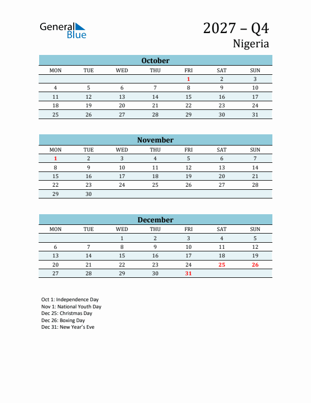 Three-Month Planner for Q4 2027 with Holidays - Nigeria