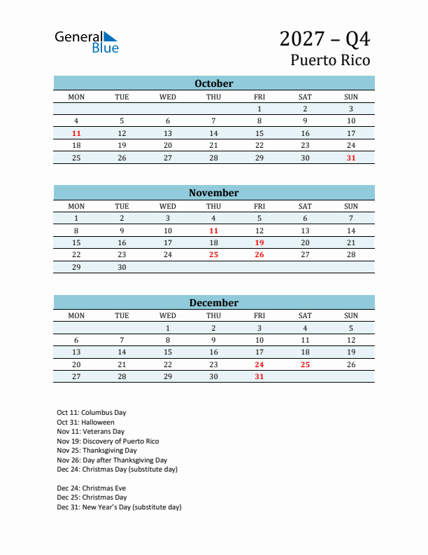 Three-Month Planner for Q4 2027 with Holidays - Puerto Rico