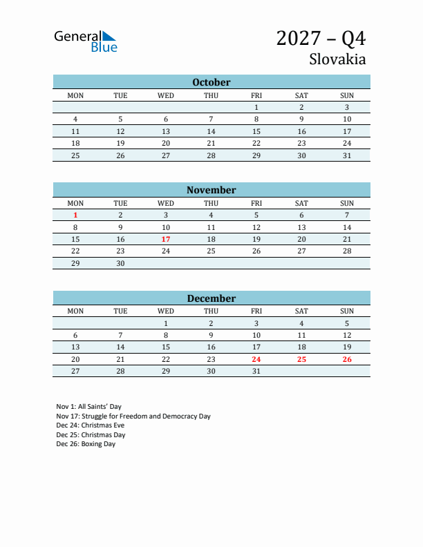 Three-Month Planner for Q4 2027 with Holidays - Slovakia