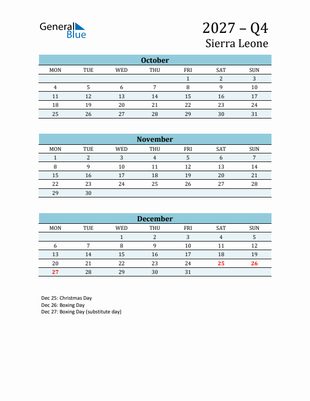 Three-Month Planner for Q4 2027 with Holidays - Sierra Leone