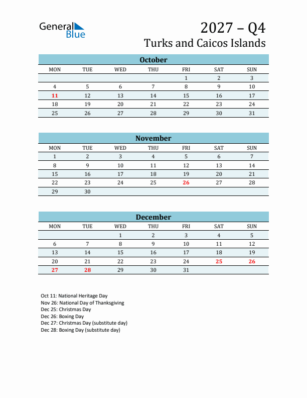Three-Month Planner for Q4 2027 with Holidays - Turks and Caicos Islands