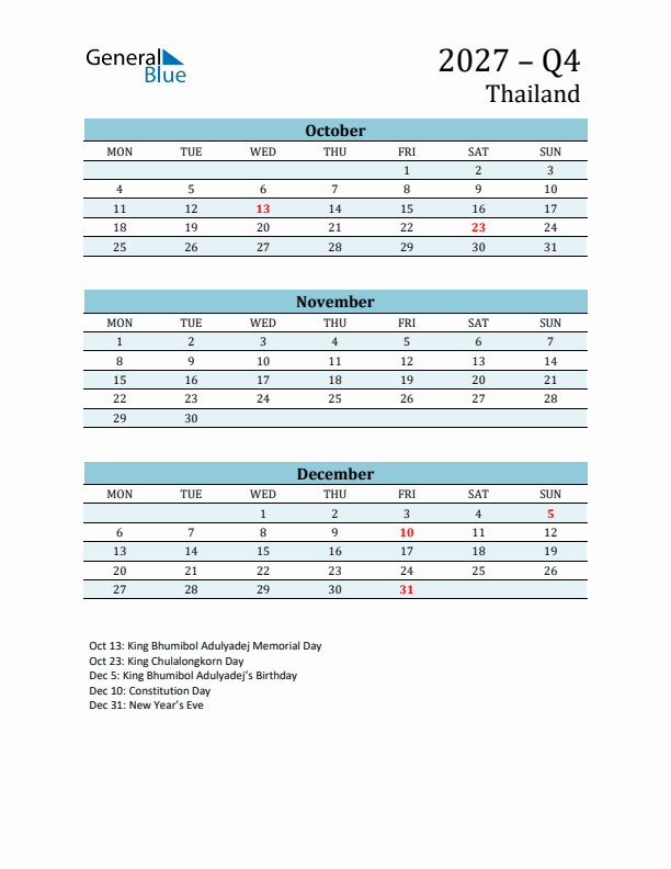 Three-Month Planner for Q4 2027 with Holidays - Thailand