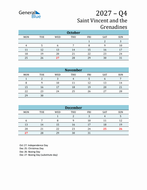 Three-Month Planner for Q4 2027 with Holidays - Saint Vincent and the Grenadines