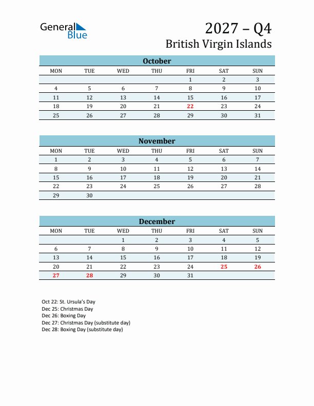 Three-Month Planner for Q4 2027 with Holidays - British Virgin Islands