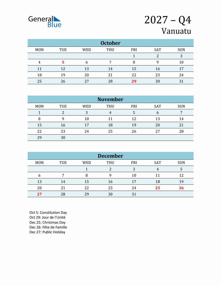 Three-Month Planner for Q4 2027 with Holidays in Vanuatu - Monday Start