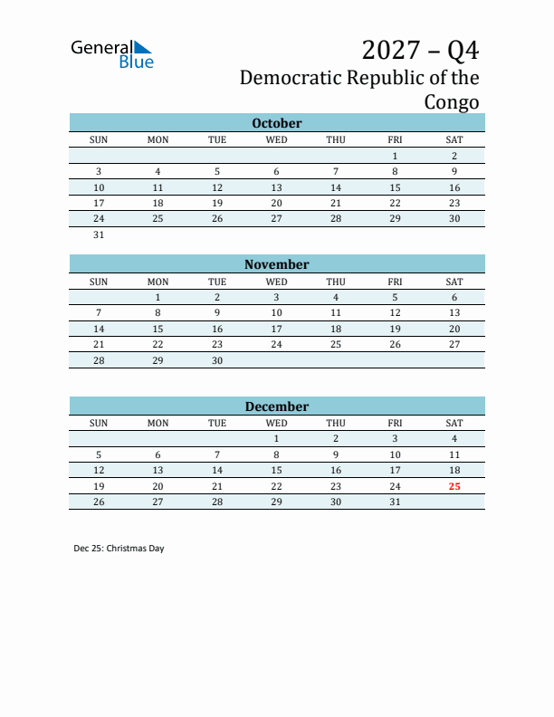 Three-Month Planner for Q4 2027 with Holidays - Democratic Republic of the Congo