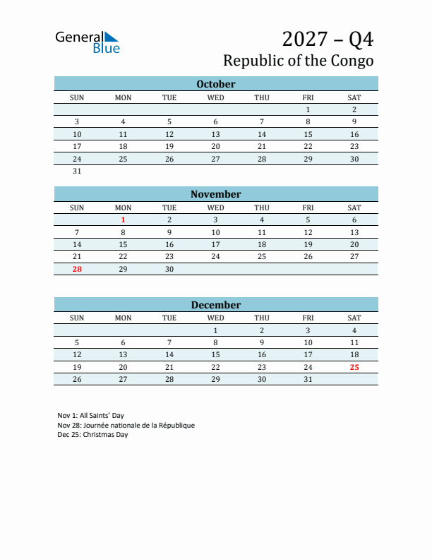 Three-Month Planner for Q4 2027 with Holidays - Republic of the Congo