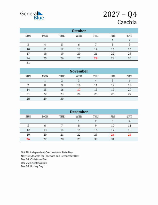Three-Month Planner for Q4 2027 with Holidays - Czechia