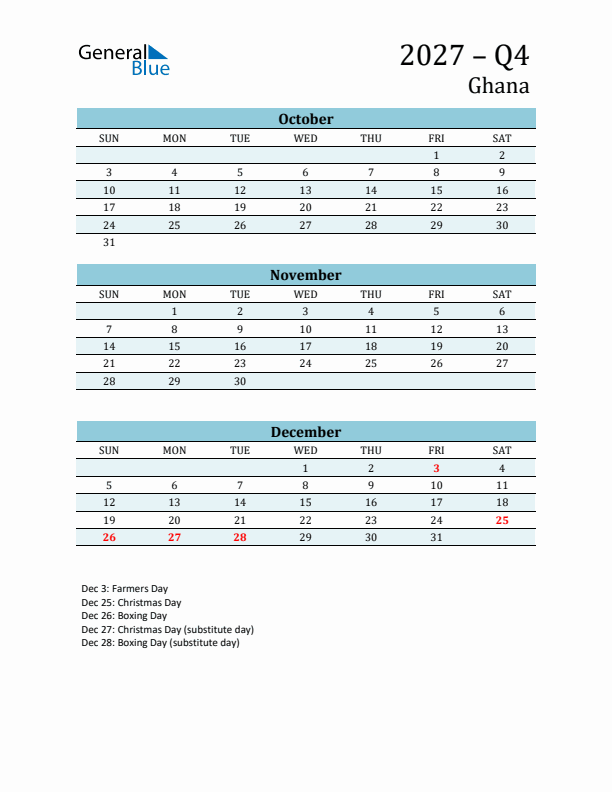 Three-Month Planner for Q4 2027 with Holidays - Ghana