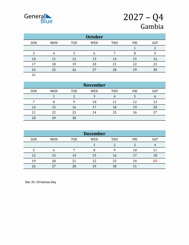Three-Month Planner for Q4 2027 with Holidays - Gambia