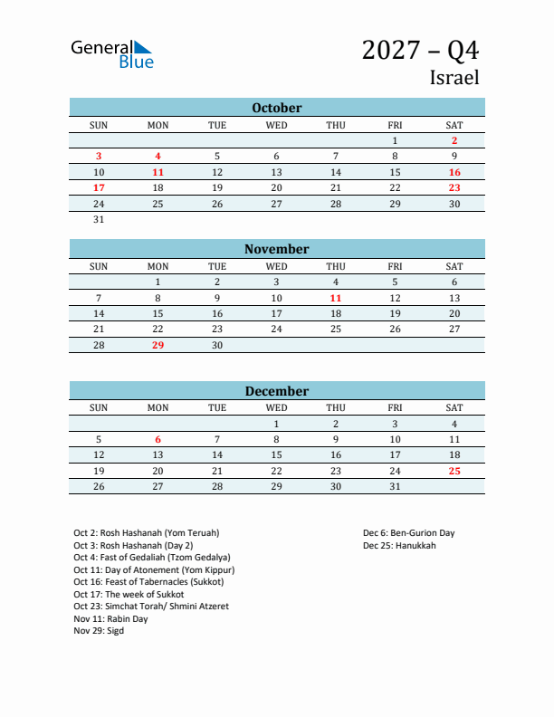 Three-Month Planner for Q4 2027 with Holidays - Israel