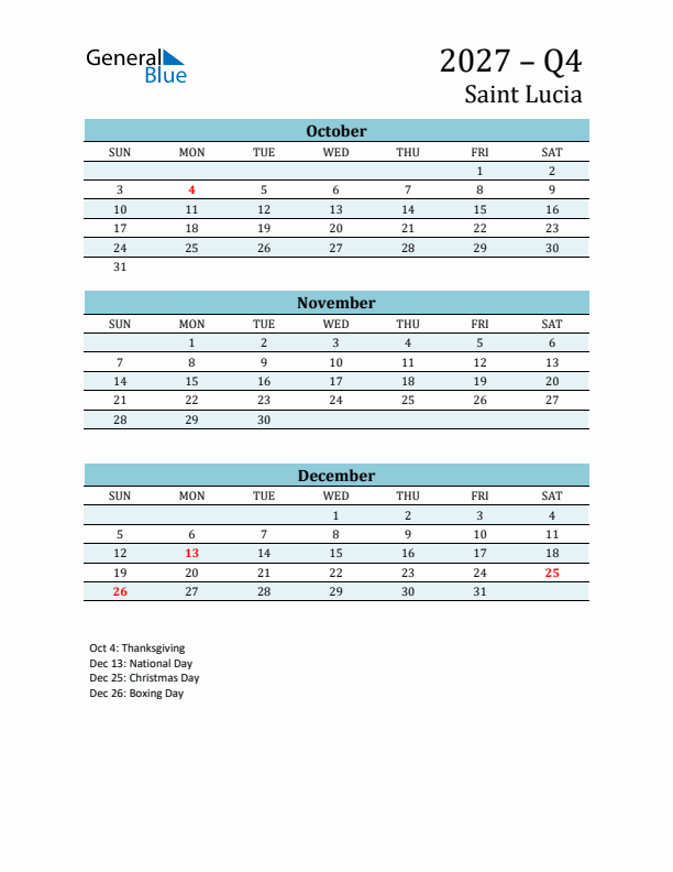 Three-Month Planner for Q4 2027 with Holidays - Saint Lucia