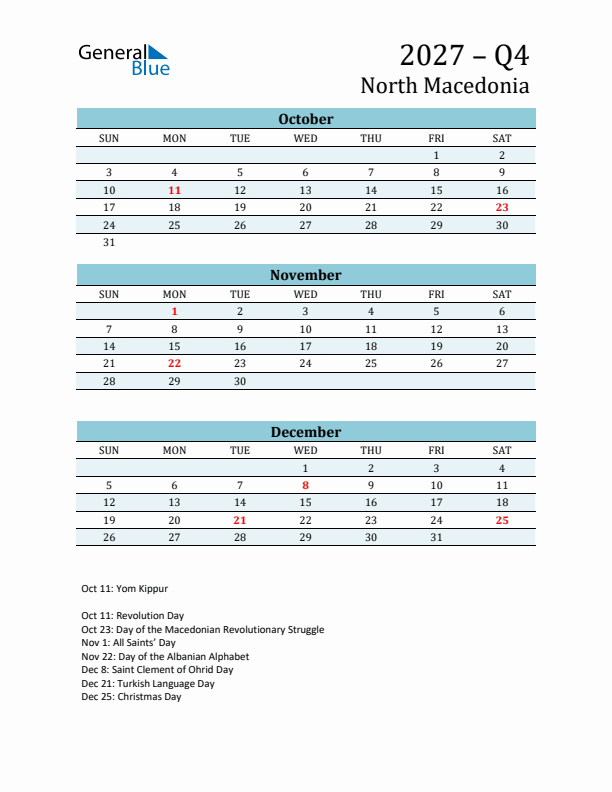 Three-Month Planner for Q4 2027 with Holidays - North Macedonia