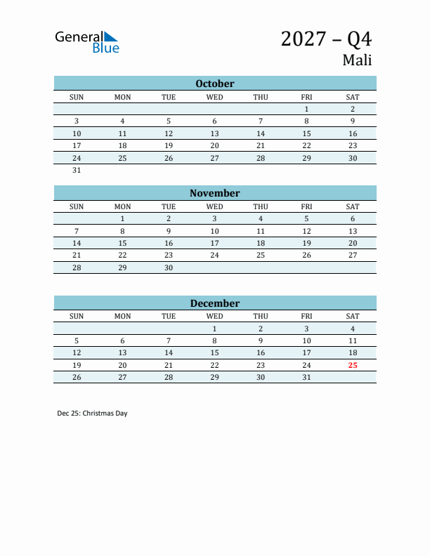 Three-Month Planner for Q4 2027 with Holidays - Mali