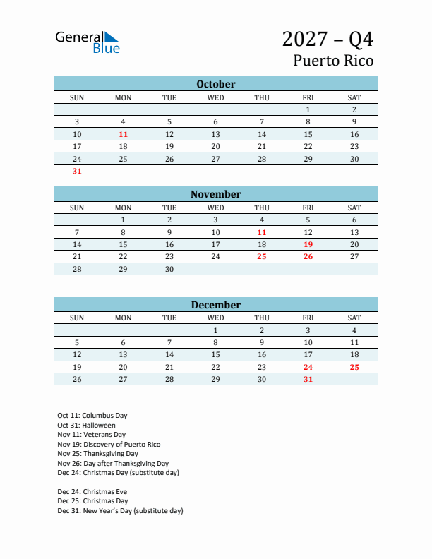 Three-Month Planner for Q4 2027 with Holidays - Puerto Rico