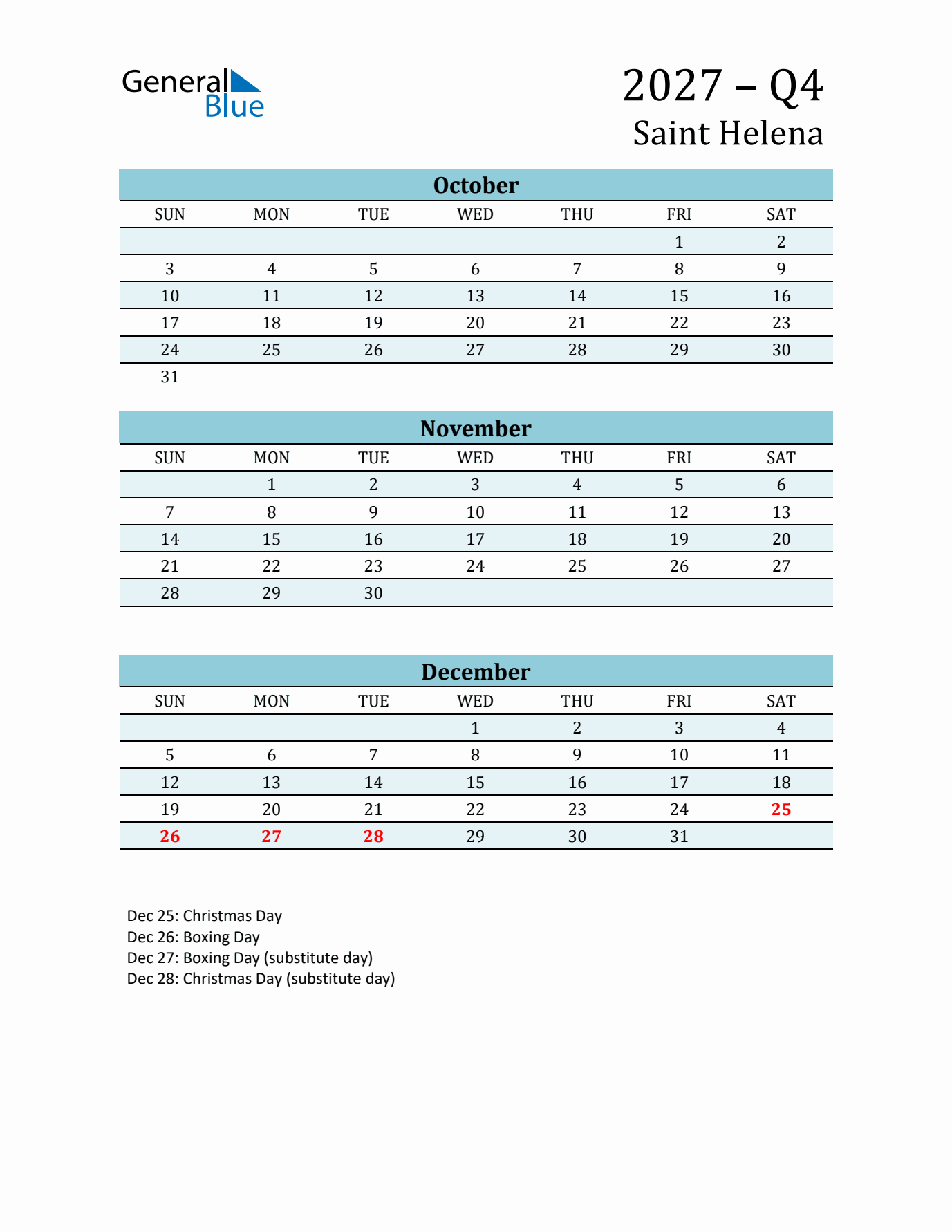 Three-Month Planner for Q4 2027 with Holidays - Saint Helena