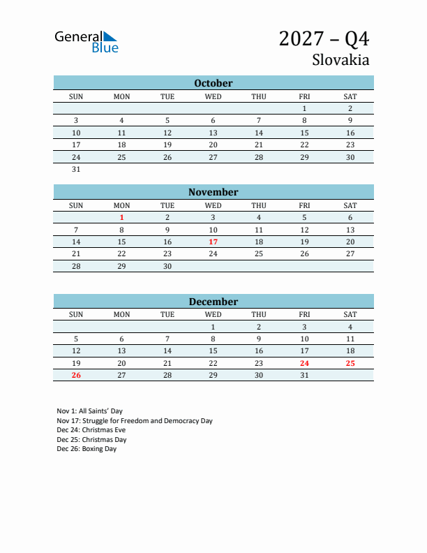 Three-Month Planner for Q4 2027 with Holidays - Slovakia