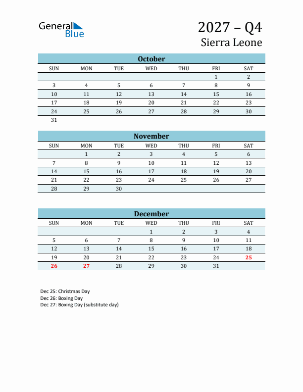 Three-Month Planner for Q4 2027 with Holidays - Sierra Leone