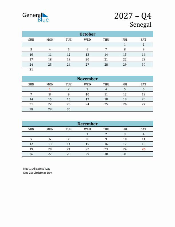 Three-Month Planner for Q4 2027 with Holidays - Senegal