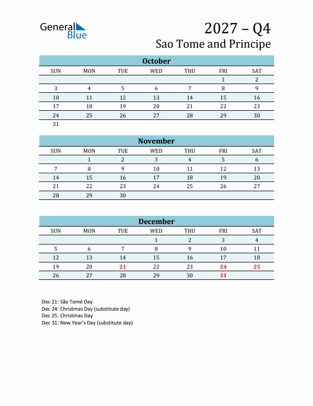 Three-Month Planner for Q4 2027 with Holidays - Sao Tome and Principe