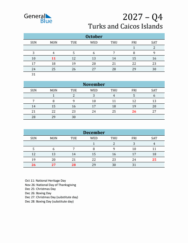 Three-Month Planner for Q4 2027 with Holidays - Turks and Caicos Islands