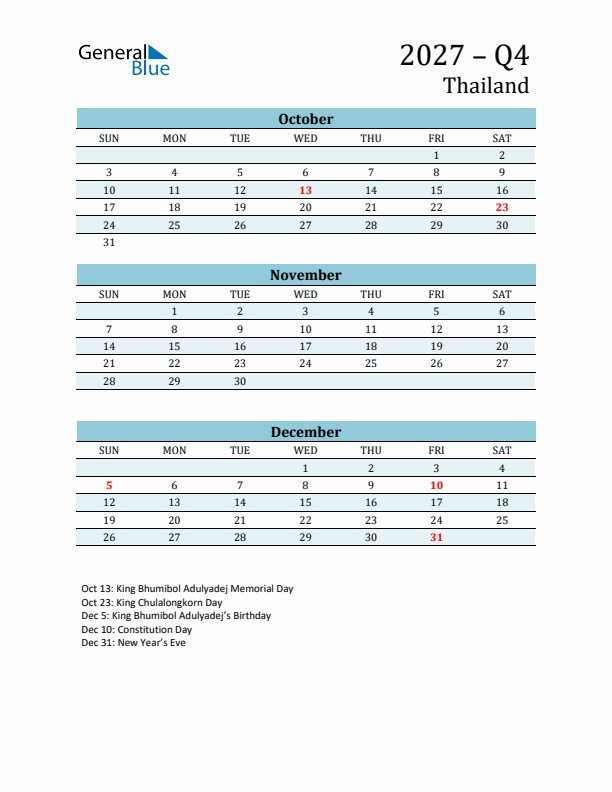 Three-Month Planner for Q4 2027 with Holidays - Thailand