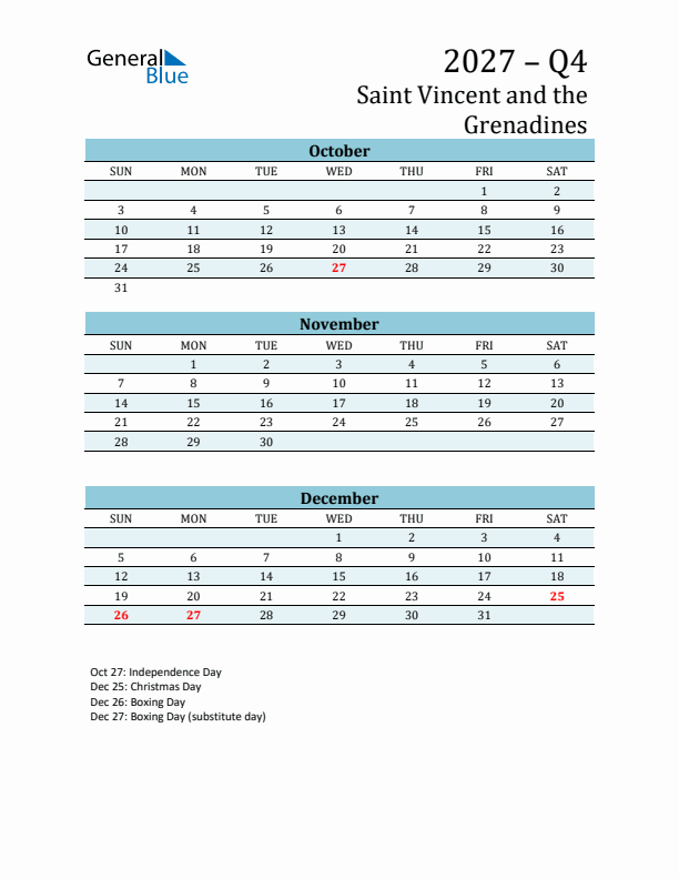 Three-Month Planner for Q4 2027 with Holidays - Saint Vincent and the Grenadines