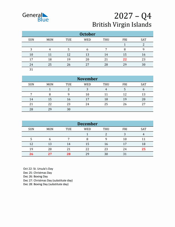 Three-Month Planner for Q4 2027 with Holidays - British Virgin Islands