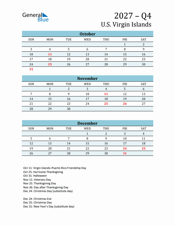 Three-Month Planner for Q4 2027 with Holidays - U.S. Virgin Islands