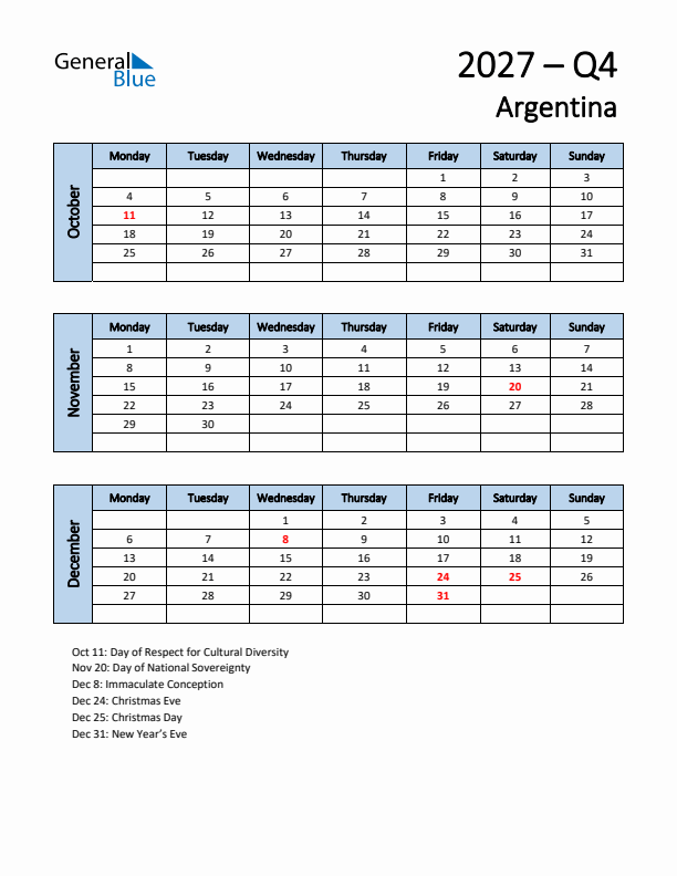 Free Q4 2027 Calendar for Argentina - Monday Start