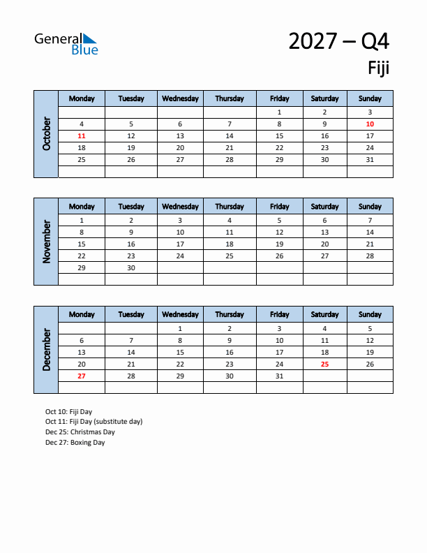 Free Q4 2027 Calendar for Fiji - Monday Start