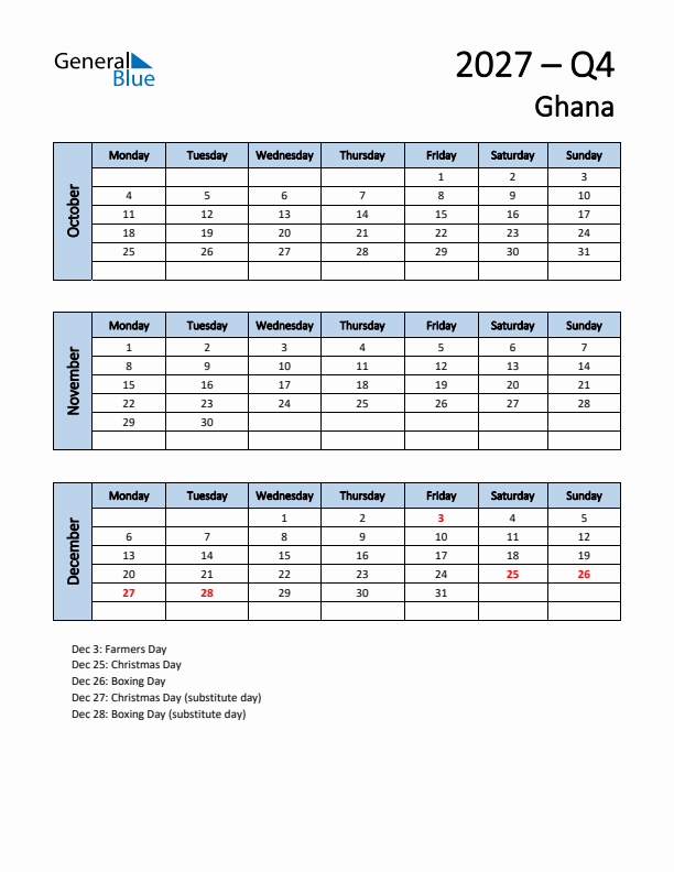 Free Q4 2027 Calendar for Ghana - Monday Start