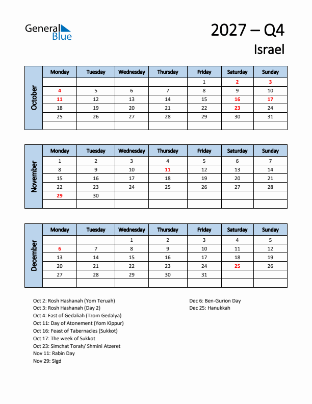Free Q4 2027 Calendar for Israel - Monday Start