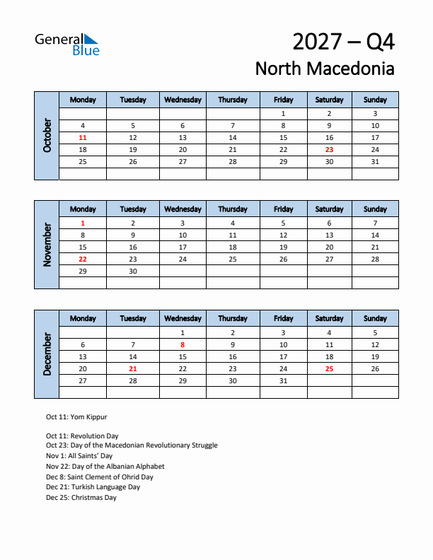 Free Q4 2027 Calendar for North Macedonia - Monday Start