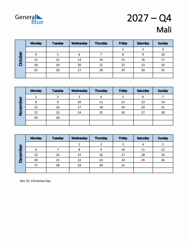 Free Q4 2027 Calendar for Mali - Monday Start