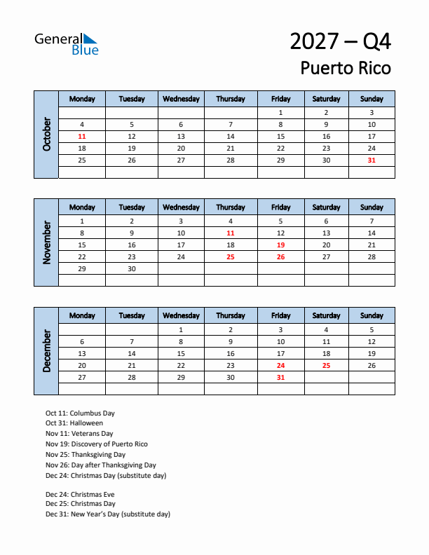 Free Q4 2027 Calendar for Puerto Rico - Monday Start