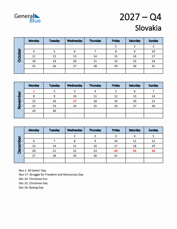 Free Q4 2027 Calendar for Slovakia - Monday Start