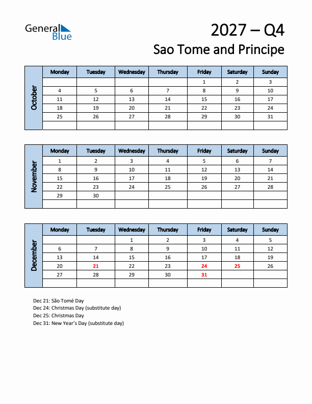 Free Q4 2027 Calendar for Sao Tome and Principe - Monday Start