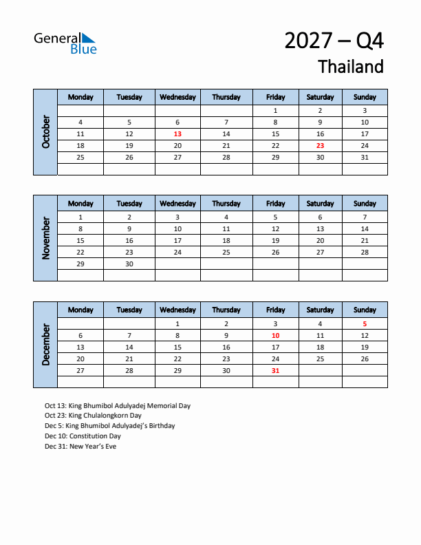Free Q4 2027 Calendar for Thailand - Monday Start