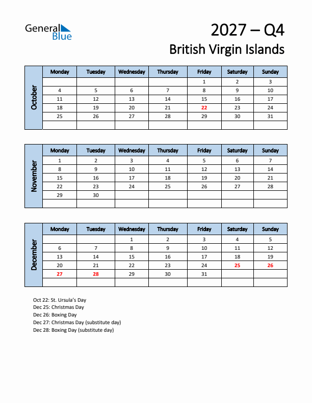 Free Q4 2027 Calendar for British Virgin Islands - Monday Start
