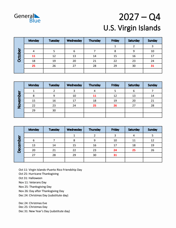 Free Q4 2027 Calendar for U.S. Virgin Islands - Monday Start