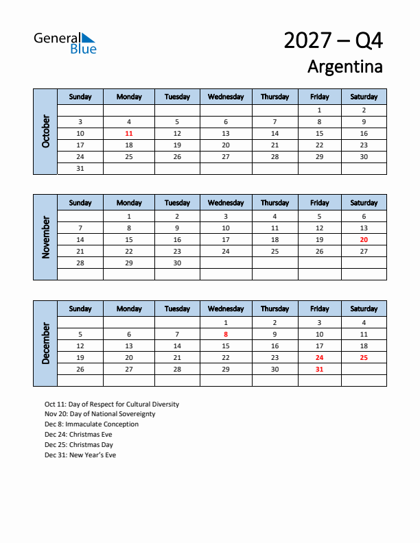 Free Q4 2027 Calendar for Argentina - Sunday Start