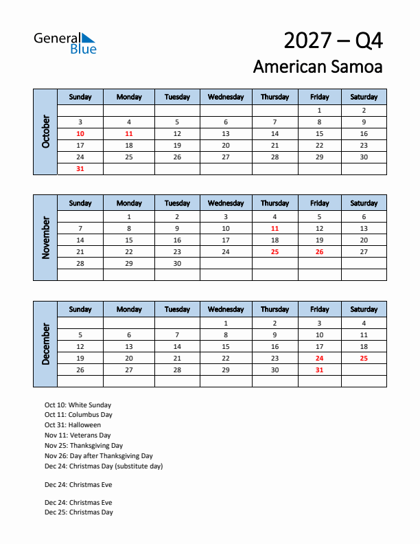 Free Q4 2027 Calendar for American Samoa - Sunday Start