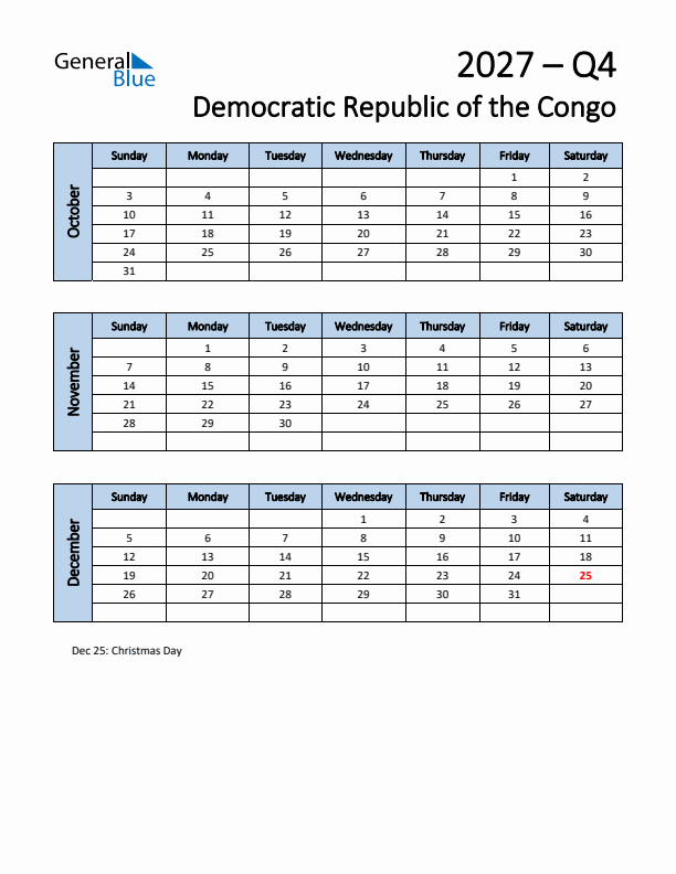 Free Q4 2027 Calendar for Democratic Republic of the Congo - Sunday Start