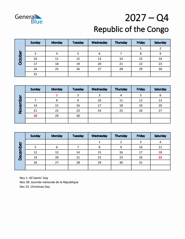Free Q4 2027 Calendar for Republic of the Congo - Sunday Start