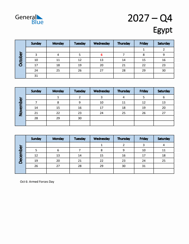 Free Q4 2027 Calendar for Egypt - Sunday Start