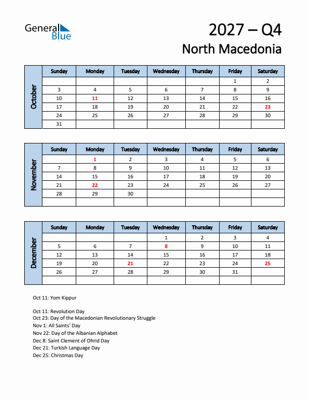 Free Q4 2027 Calendar for North Macedonia - Sunday Start