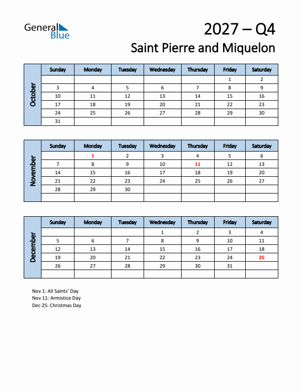 Free Q4 2027 Calendar for Saint Pierre and Miquelon - Sunday Start