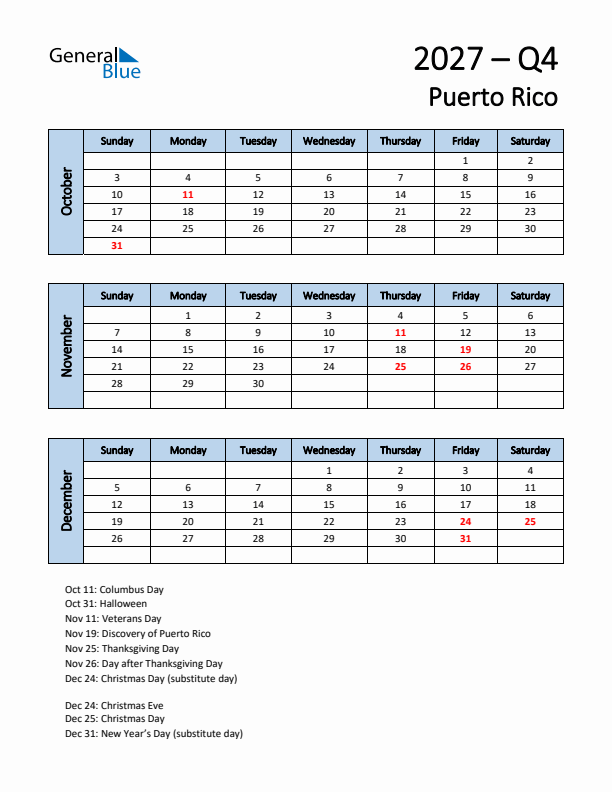 Free Q4 2027 Calendar for Puerto Rico - Sunday Start